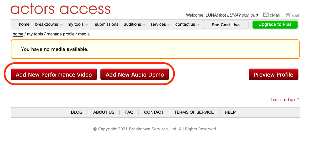 ACTORS How To Add New Performance Media to Your Actors Access Account Breakdown Express