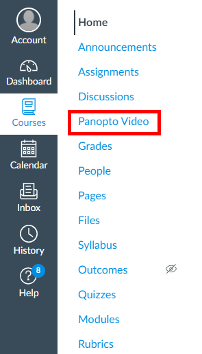 Left-hand navigation of a Canvas course. The option "Panopto Video" is highlighted by a red box.