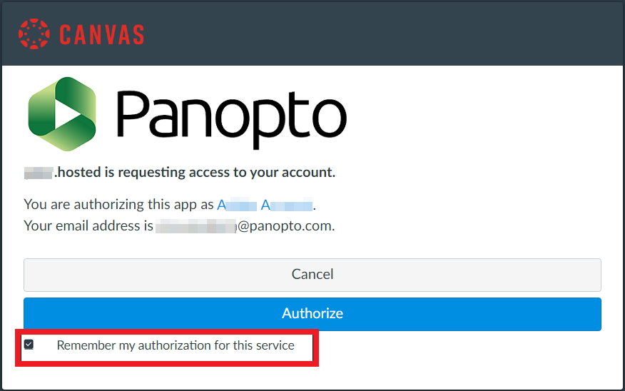 Authorization window, Canvas. On it, the checkbox for "Remember my authorization for this service" is selected and it's highlighted by a red box.
