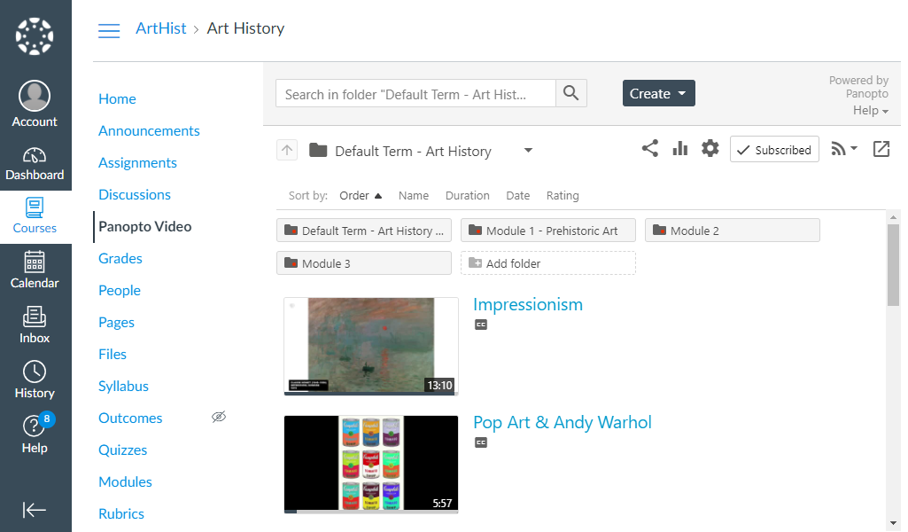 Panopto course folder appears in a Canvas course.