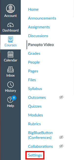 Left-hand navigation of a Canvas course. The option "Settings" is highlighted by a red box.