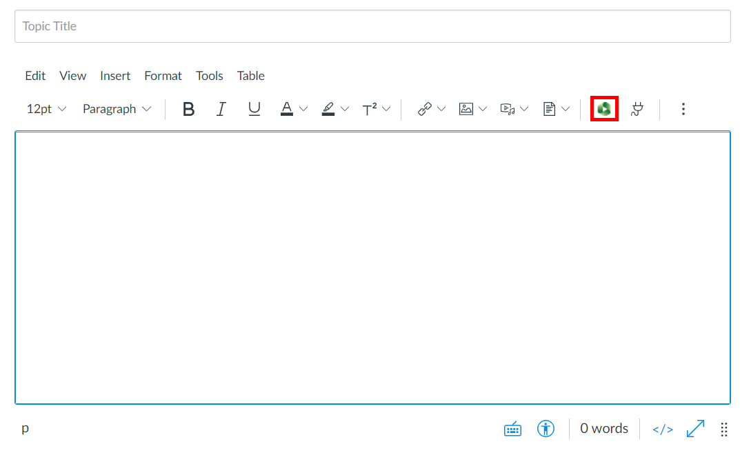 Text editor in Canvas. On the toolbar, the Panopto icon appears and is highlighted by a red box.