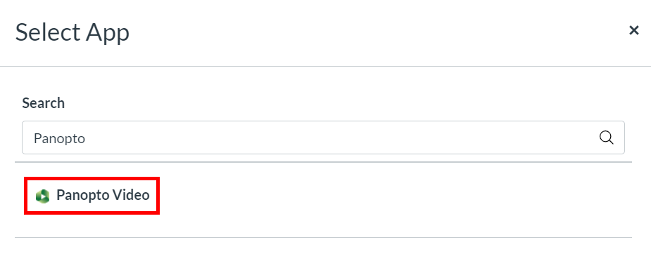 Select App window. On it, "Panopto video" is highlighted by a red box.