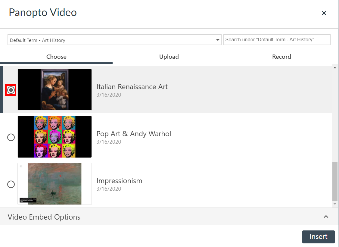 Embedded video selector. On it, a video is selected and the radio button indicating this is highlighted by a red box.