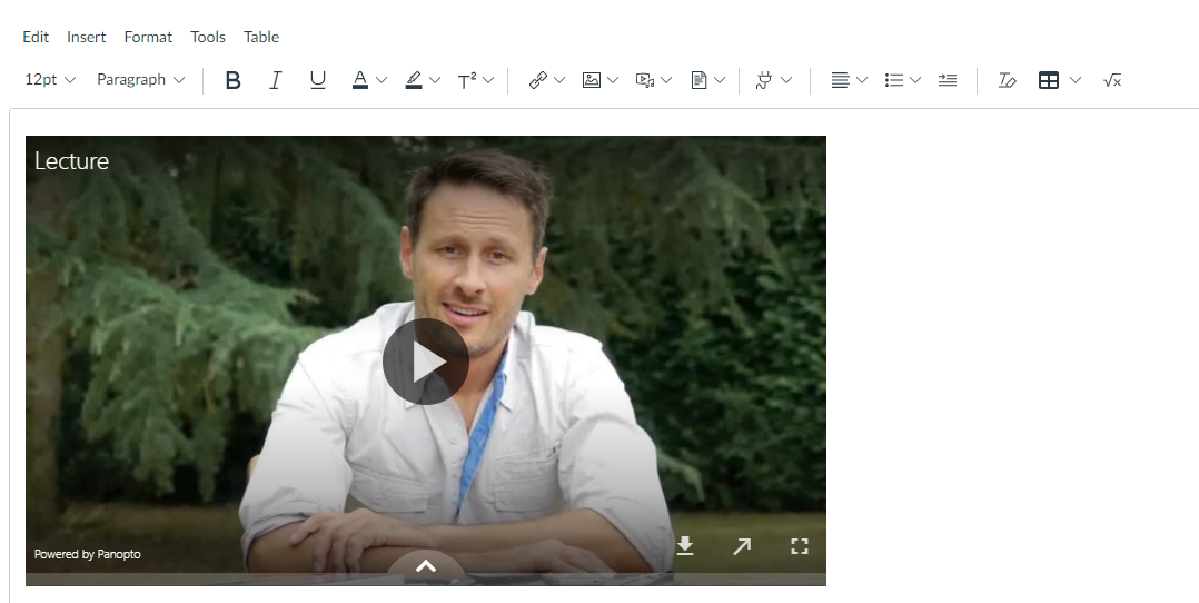 Text editor in Canvas. In the text box, a Panopto video appears embedded.