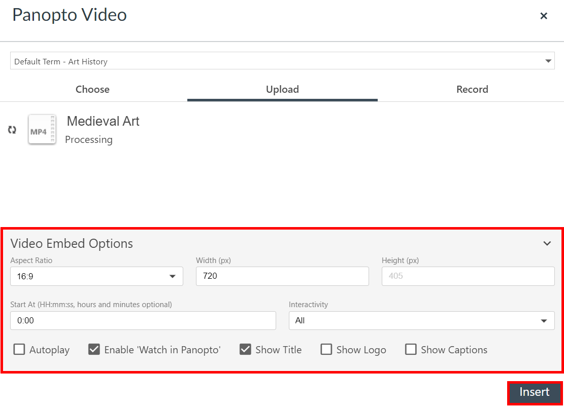 Embedded video selector. On it, the Video Embed Options section is highlighted by a red box, as is the button "Insert"