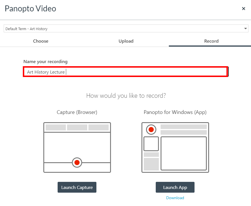 Embedded video selector, Record tab. On it, the Name text box is highlighted by a red box.