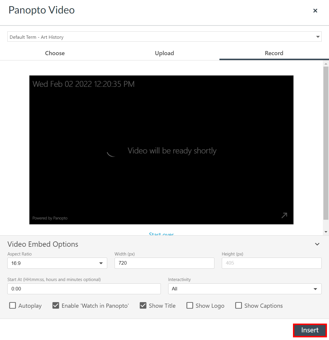 Embedded video selector, Record tab showing a video in the process of uploading. The "Insert" button is highlighted by a red box.