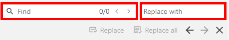 Find & Replace window. On it, the text boxes with "Find" and "Replace with" are each highlighted by a red box.