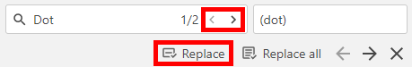 Find & Replace window, Captions tab, Panopto editor. On it, the angle bracket icons are highlighted by a red box (located to the right of the term listed in Find) and the button "Replace" is highlighted by a red box.