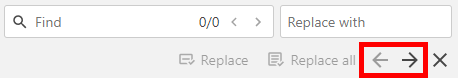 Find & Replace window, Captions tab, Panopto editor. In the bottom right corner, the left and right pointing arrows are highlighted by a red box.