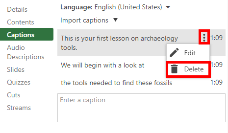 Captions tab, Panopto Editor. To the right of a caption, the More menu is expanded and the option "Delete" is highlighted by a red box.