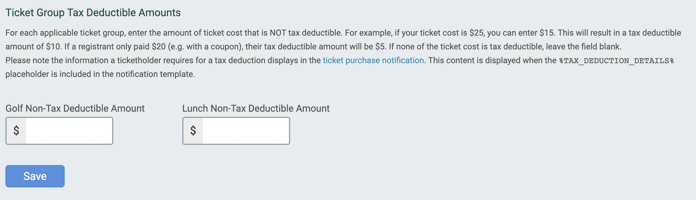 Set Tax Deductible Amounts for Tickets on GiveSignup TicketSignup