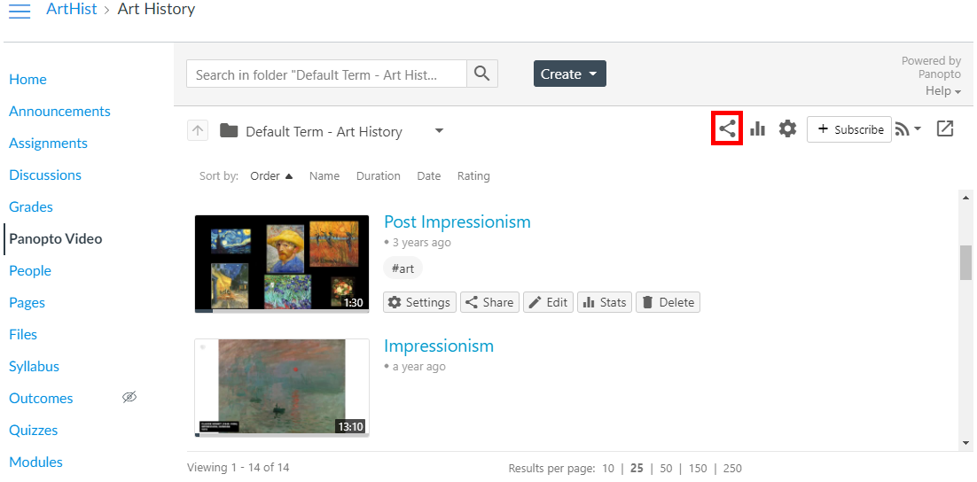 Panopto course folder appears in a Canvas course. In the upper right corner of the folder, the Share icon appears highlighted by a red box.