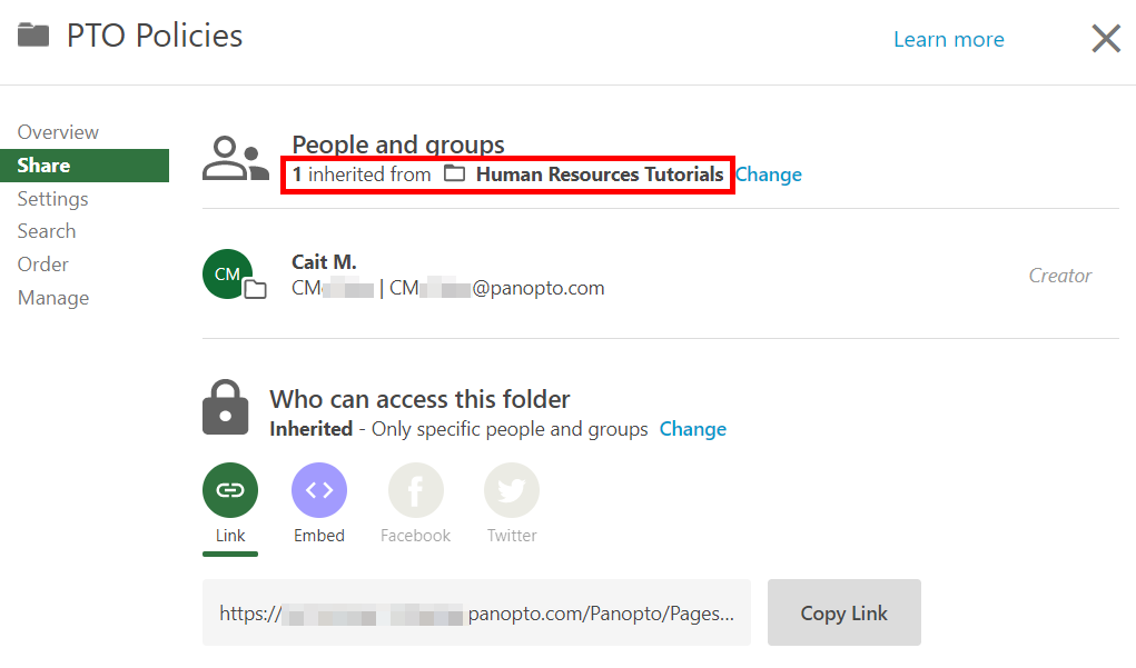 Share menu, Panopto folder. On it, "1 inherited from (parent folder)" under "People and groups" is highlighted by a red box.