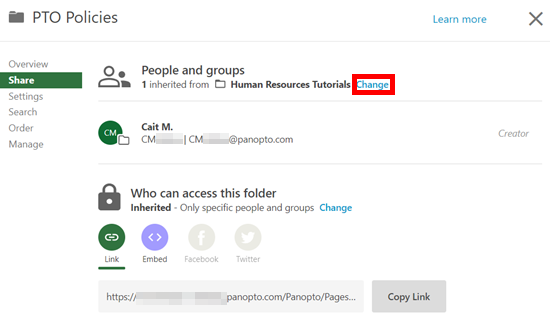 Share menu, Panopto folder. On it, "Change" located underneath "People and groups" is highlighted by a red box.