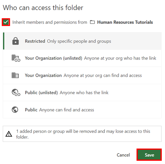 Who can access this folder, Folder Share menu. The checkbox next to "Inherit members and permissions from..." is selected and highlighted by a red box.