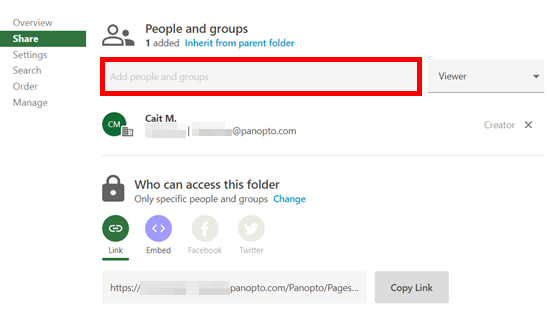 Share menu, Panopto folder. On it, the text box underneath "People and Groups" is highlighted by a red box.