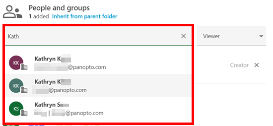 Share menu, Panopto folder. On it, a name has been typed into the textbox underneath "People and groups," and a list of user matches appear underneath it. This is highlighted by a red box