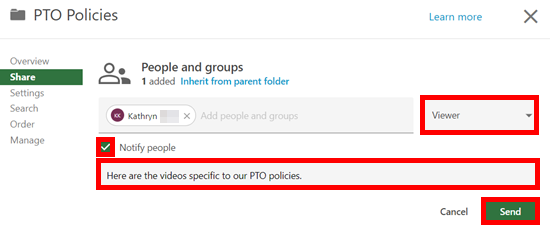 Share menu, Panopto folder. Under People and groups, a person has been selected to receive an invite. The level of access dropdown menu, notify people checkbox, message window, and send button are all highlighted by a red box.
