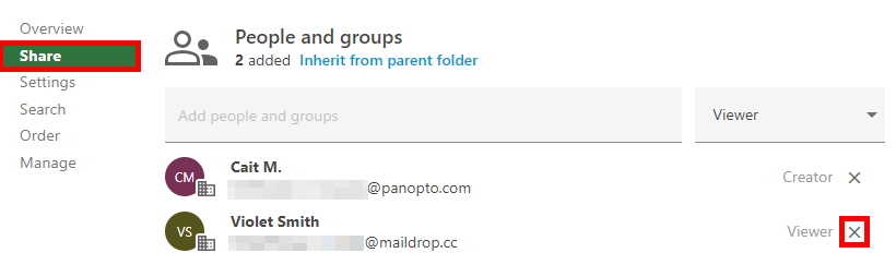 Share tab, Folder Settings. On it, the "X" icon to the far right of a user is highlighted by a red box.