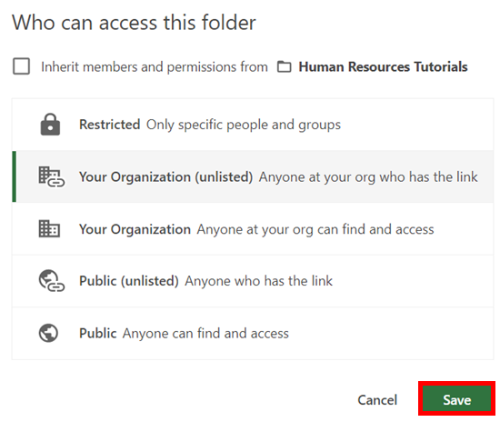 Who can access this folder, Folder Share menu. The Save button is highlighted by a red box.