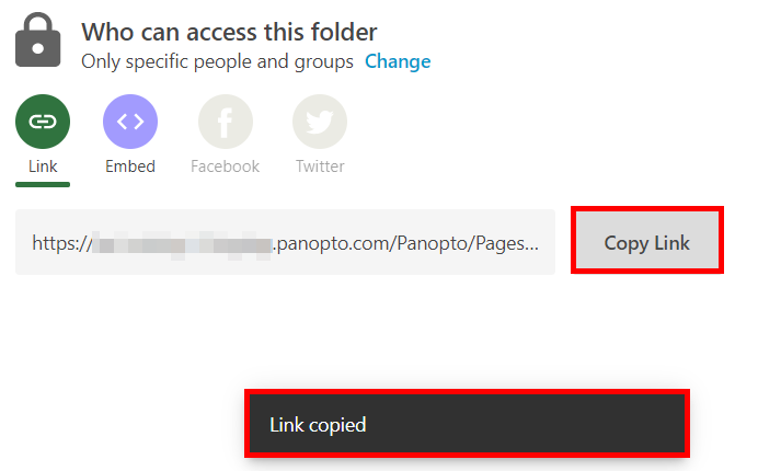 Who can access this folder, Folder Share menu. The button "Copy Link" and a "Link Copied" pop up message appear highlighted by a red box.