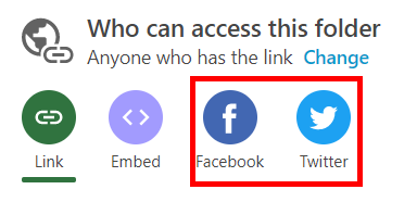 Who can access this folder, Folder Share menu. The Facebook and Twitter icons appear highlighted by a red box.