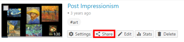Video in Canvas Course Folder Video Library. On it, the "Share" button is highlighted by a red box.