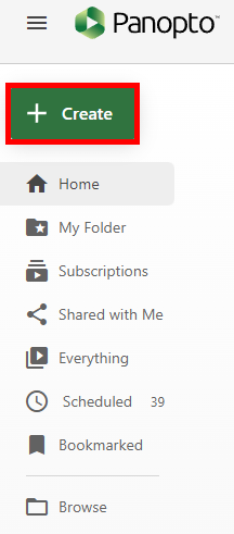Left-hand navigation, Panopto portal. At the top, the button + Create is highlighted by a red box.