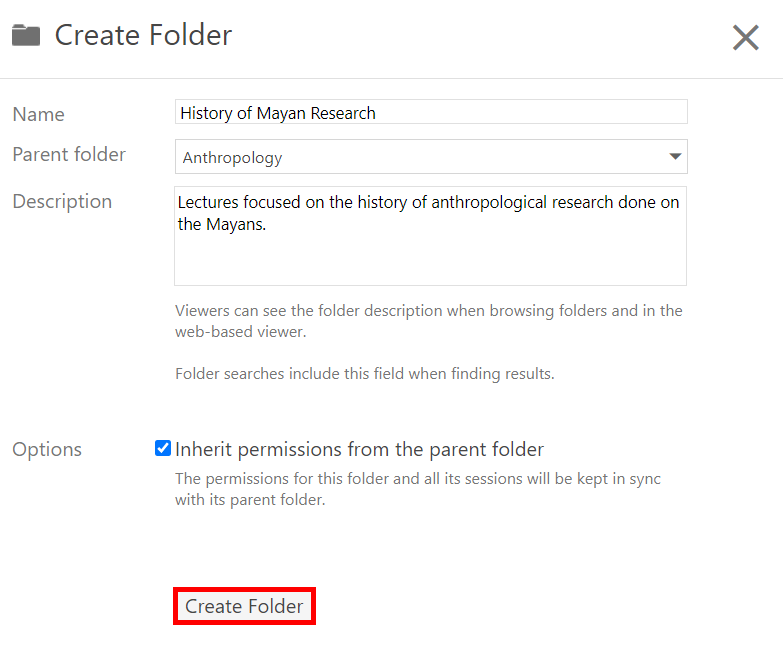 Create Folder pop-up window. On it, the fields are completed and the button "Create Folder" is highlighted by a red box.