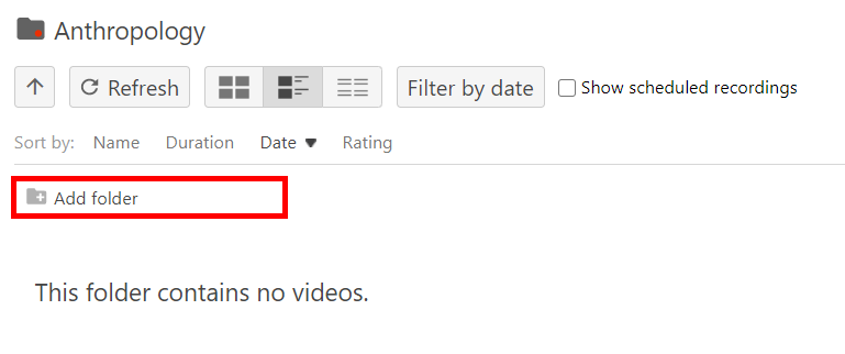 An open folder in Panopto. On it, the button "add folder" is highlighted by a red box.
