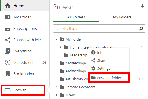 Browse menu, expanded. A folder has been right-clicked and the pop out menu appears with "New Subfolder" highlighted by a red box.