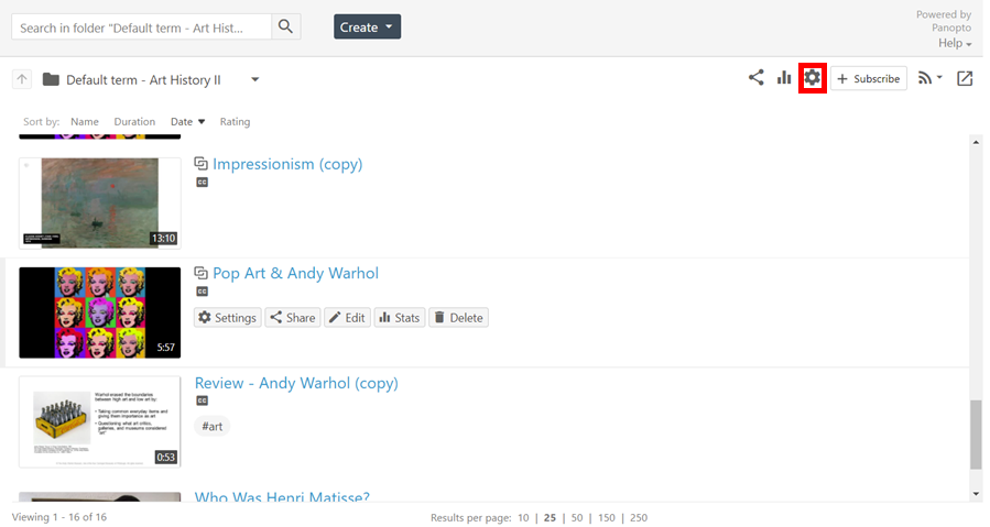 Course folder open in Canvas. In the upper right corner of the course folder, the cog wheel icon (for "Settings") is highlighted by a red box.