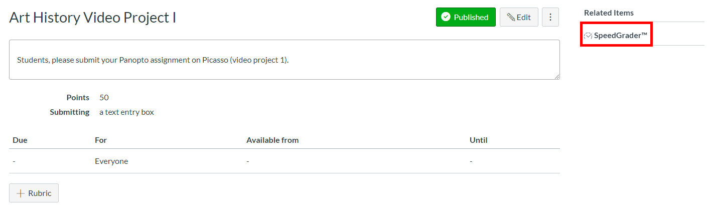 Assignment, Canvas. In the upper right corner, "Speedgrader" is highlighted by a red box.