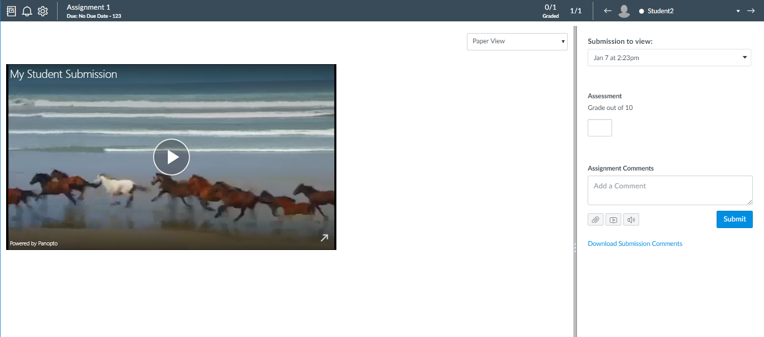 A student's submitted assignment open in SpeedGrader, in Canvas.