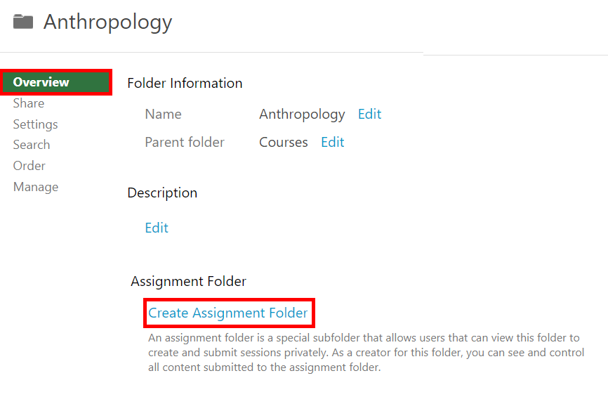 Folder settings module. It is opened to the Overview page. Underneath "Assignment Folder," the link "Create Assignment Folder" is highlighted by a red box.