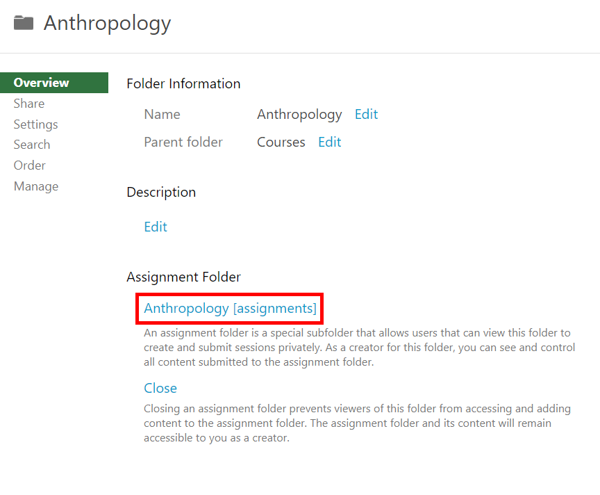 Folder module, open to the Overview tab. Underneath Assignment Folder, the link for the assignments folder is highlighted by a red box.