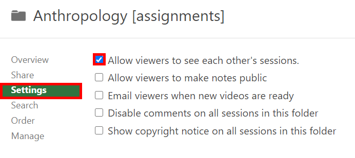 Folder Settings module, open to the Settings tab. On it, the option "Allow viewers to see each other's sessions" is selected and highlighted by a red box.