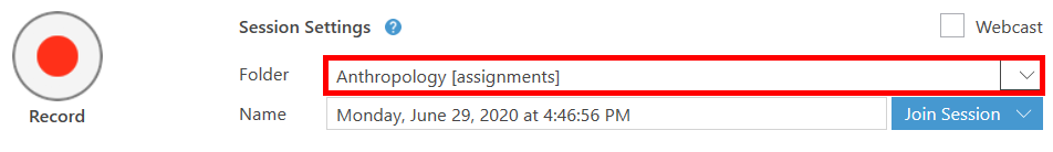 Panopto recording application. The dropdown to the right of Folder is highlighted by a red box.
