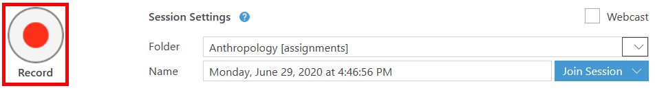Panopto recording application. The "Record" button is highlighted by a red box.