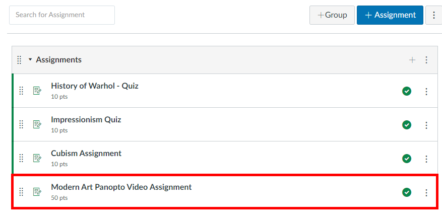 Assignments window, Canvas. A new Panopto Video Assignment appears, and is highlighted by a red box.