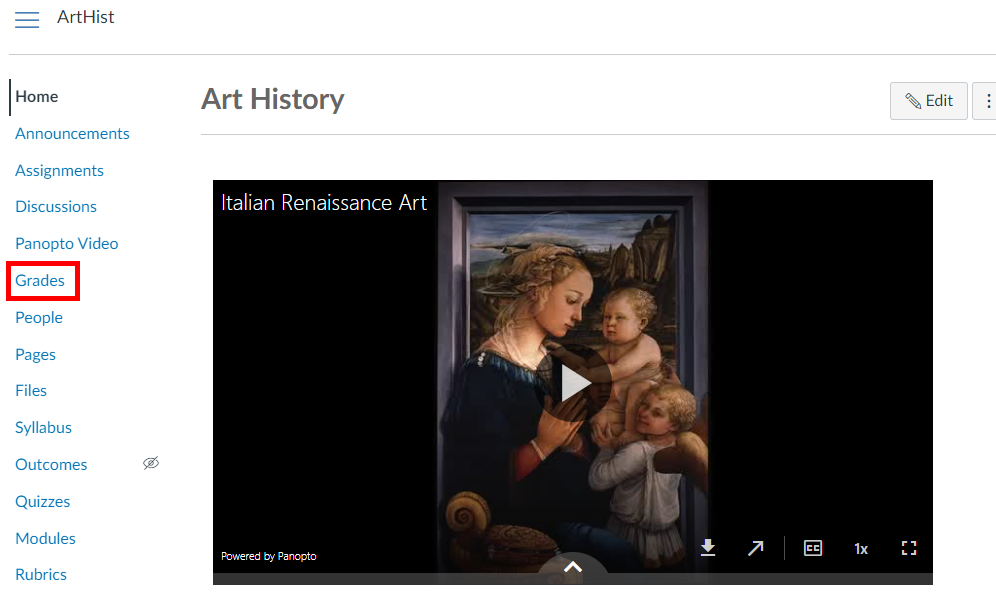 Canvas course. In the left-hand navigation, "Grades" is highlighted by a red box.