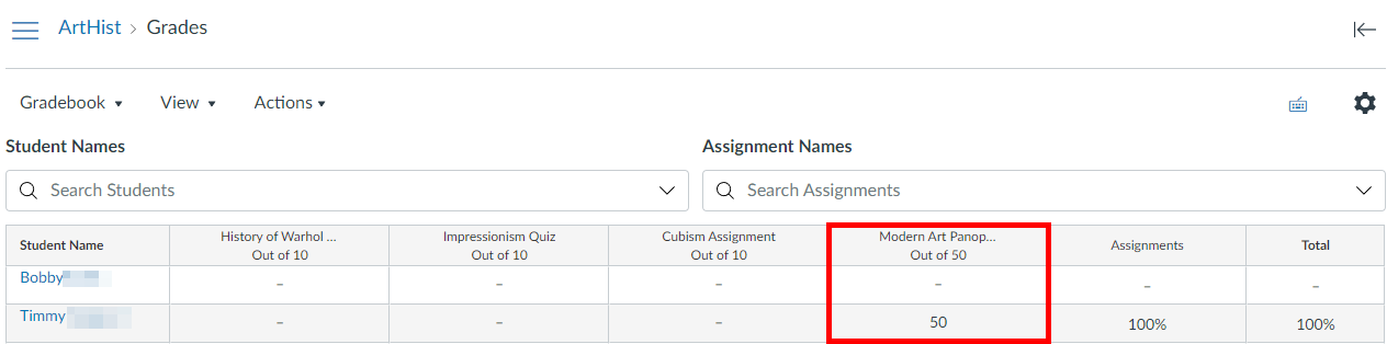 Canvas gradebook. The row with the created Panopto assignment is highlighted by a red box.