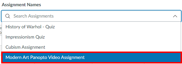 Assignment names dropdown, Canvas Gradebook. On it, the assignment created in step 1 is highlighted by a red box.