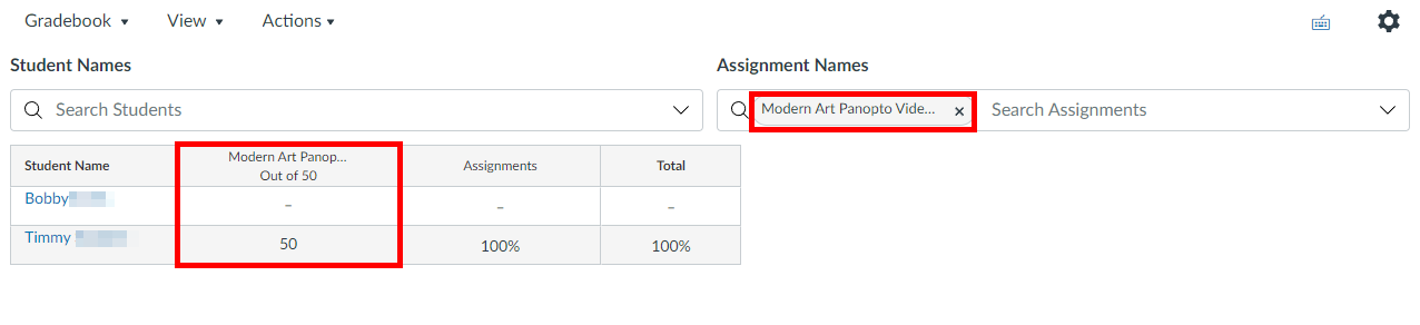 Canvas gradebook, filtered by a specific assignment. The assignment row and search box are both highlighted by red boxes.