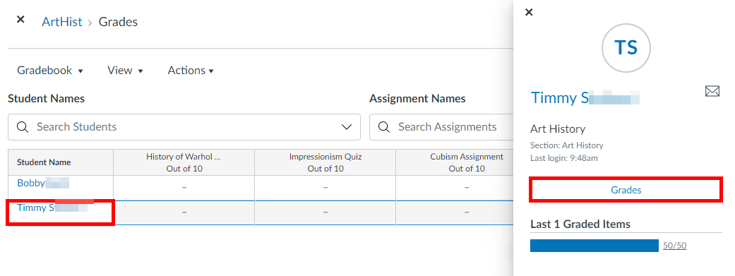 Gradebook, Canvas. On it, a student's name is highlighted on the list, and a window appears in the right-hand side, with Student information and the button "Grades" highlighted by a red box.