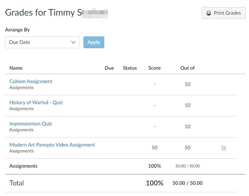 Individual Student Grades, Canvas.
