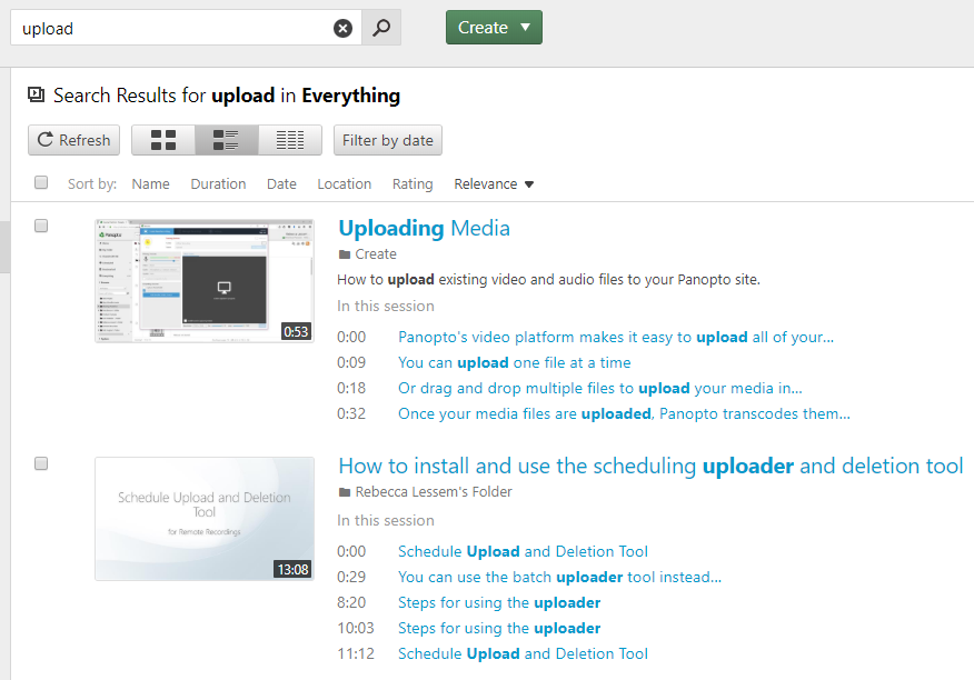 Video search results in Panopto.