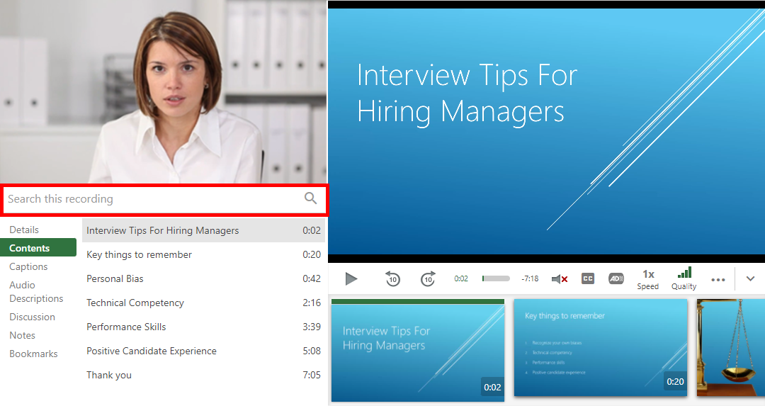 The Panopto viewer. Right beneath the primary video/audio stream, located in the upper left-hand corner, the box "Search this recording" is highlighted by a red box.